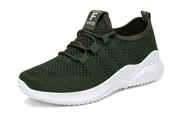 A pair of low-cut safety shoes with a steel toe cap, shown in a dark green colour option.