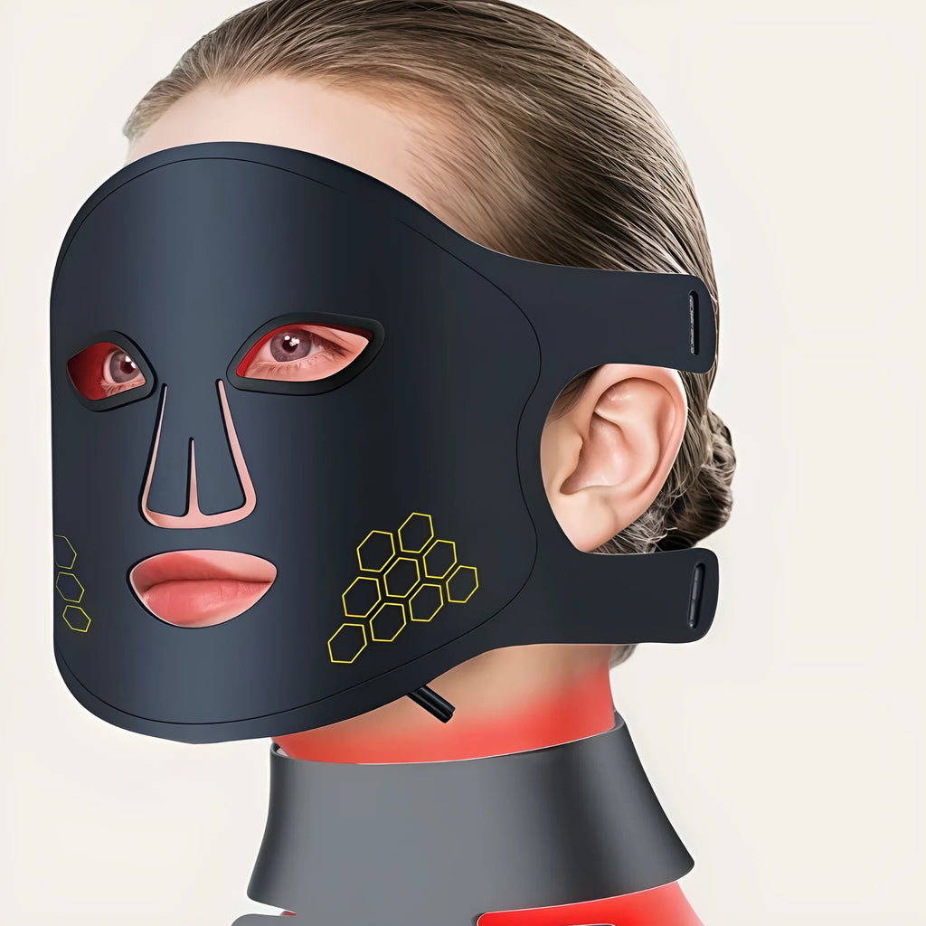 Black LED photon therapy facial mask with four colour infrared lights and neck support strap