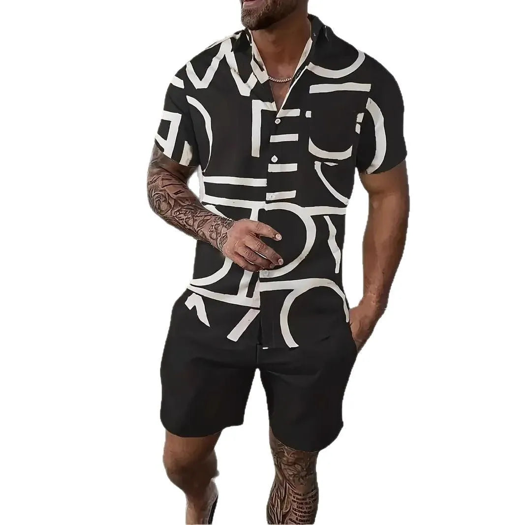 Man wearing a blue and white 3D printed Hawaiian shirt with matching shorts.
