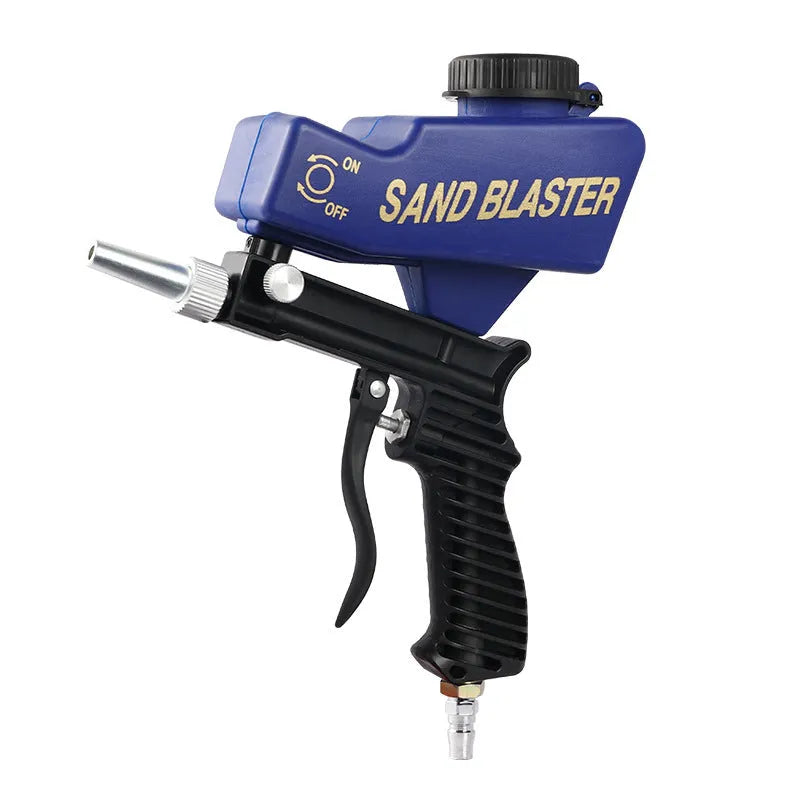 Portable blue pneumatic sandblasting gun with large hopper and nozzle for industrial surface cleaning.