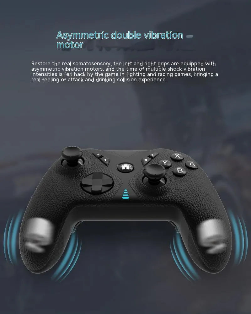 Black wireless game controller with leather-texture grips on ABS plastic shell, showing type-C port.
