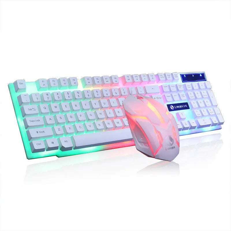 Limei GTX300 white backlit keyboard and mouse set on a desk.