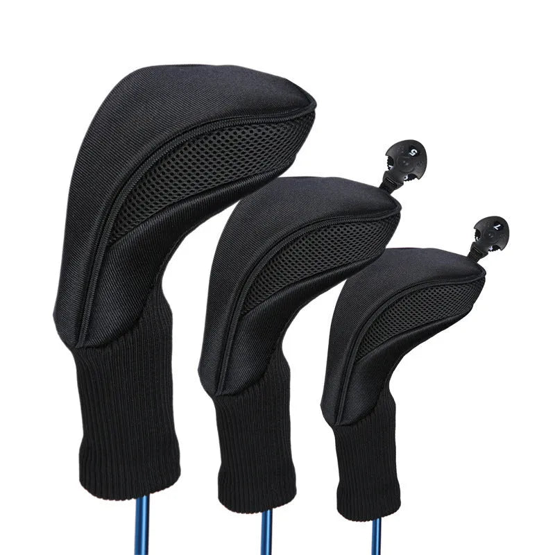 Set of six fabric golf club covers in black, blue, red, and two-tone stripes for driver and fairway wood protection