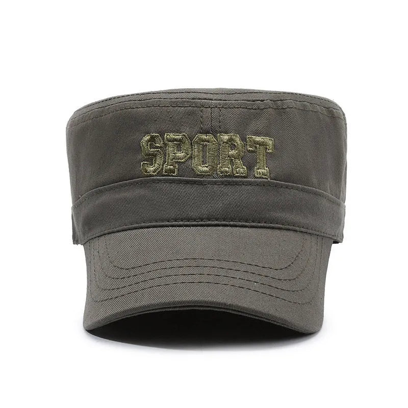Men's flat-top peaked cap in cotton with adjustable strap, shown in army green colour.