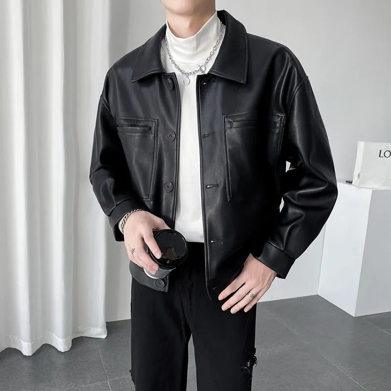 Men's short PU leather jacket with retro lapels, ruffle detailing, and side seam pockets in brown colour