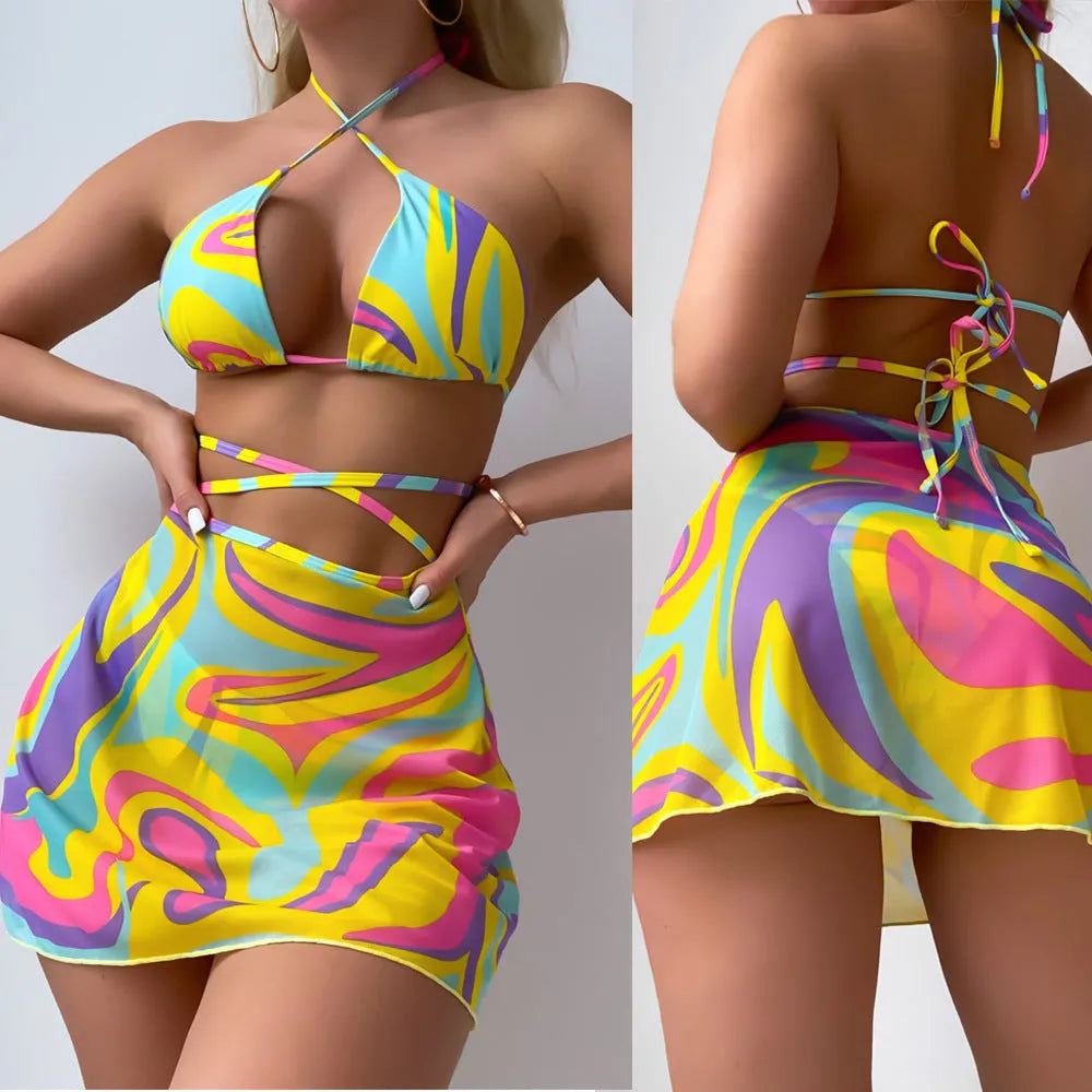 Yellow striped halter lace-up swimsuit set for women with matching skirt and shorts