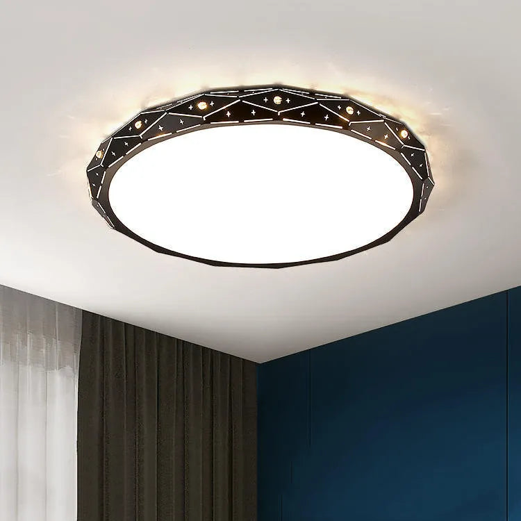Round iron frame LED ceiling light showing black and white finish options in various diameters