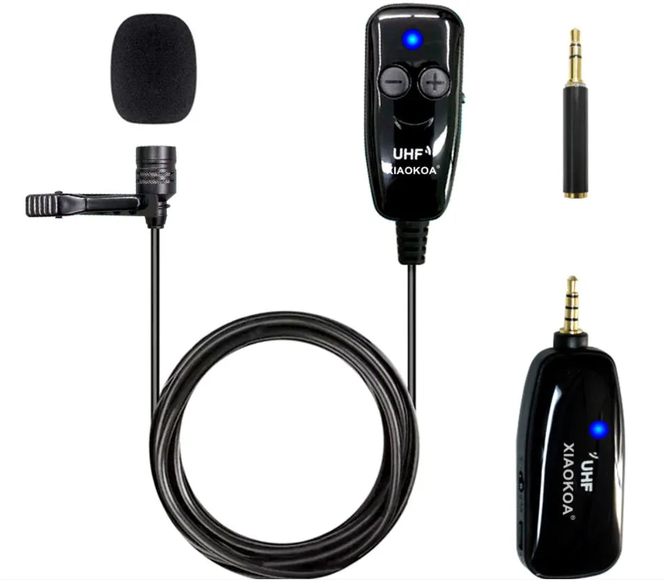 Black mobile phone lavalier microphone with 3.5mm plug and omnidirectional microphone core.