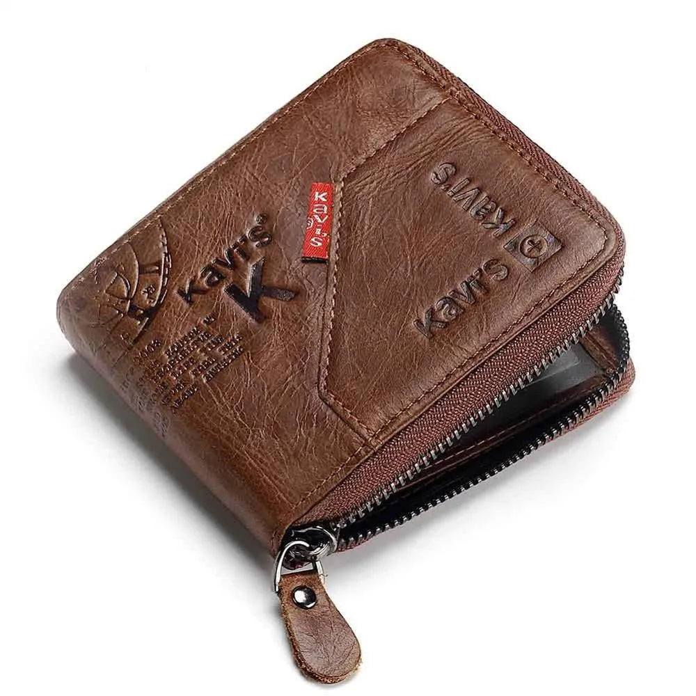 Coffee colour vintage leather wallet with locomotive design showing zipper opening and multiple internal compartments