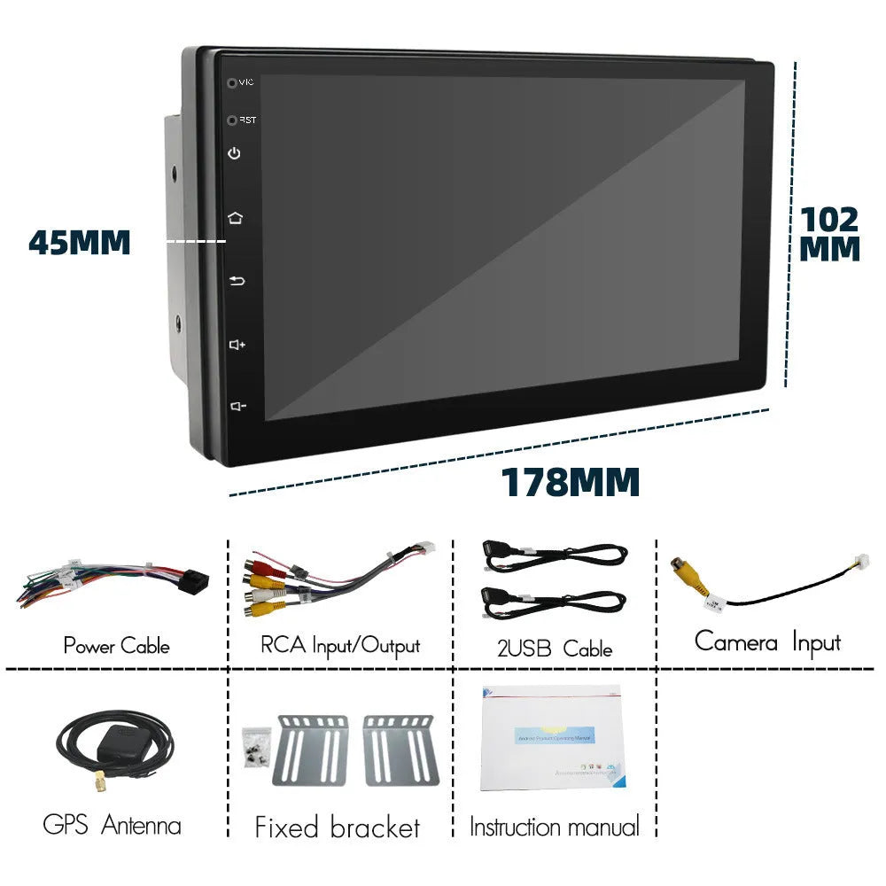 Black universal in-car MP5 player with 7-inch touchscreen for GPS navigation, CarPlay, and Android Auto.