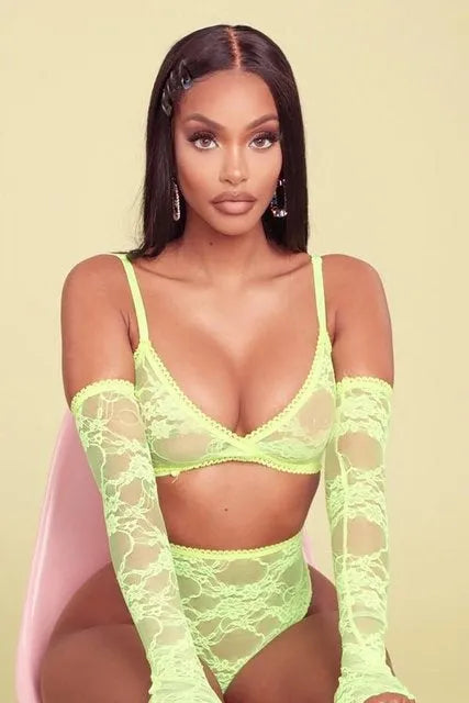 Women's three-point strap lingerie in fluorescent green, front view