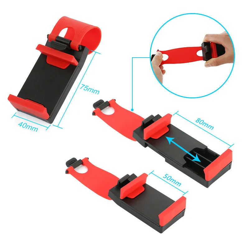 Black universal car steering wheel clip mount holder showing a mobile phone securely attached.