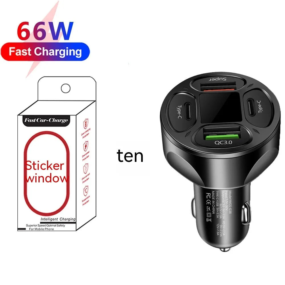 Black 66W digital display car charger with two USB ports and two Type-C ports