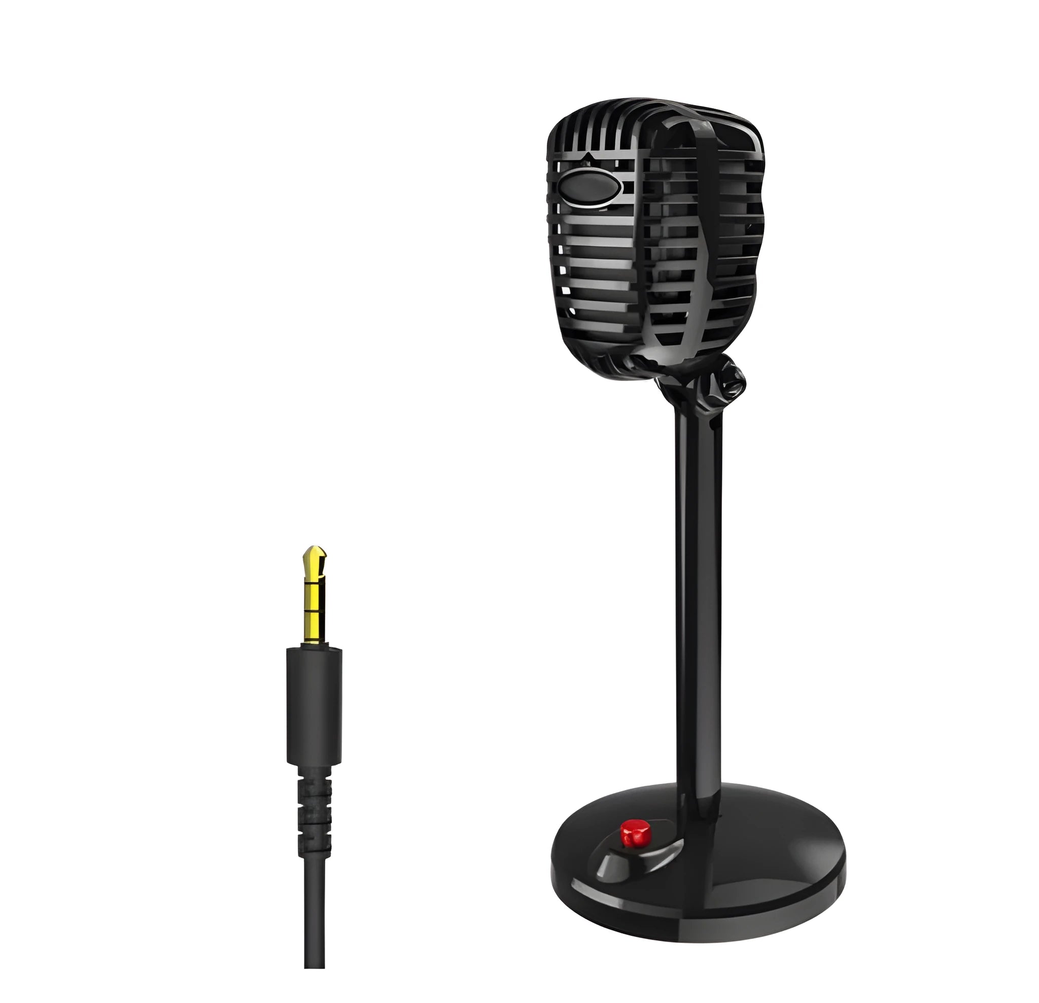 Black USB computer microphone on an adjustable desk stand with a weighted base.