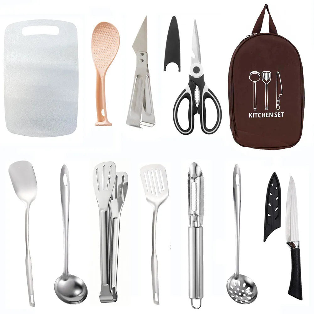 12-piece stainless steel picnic kitchenware set with knives, forks, spoons in portable storage bag