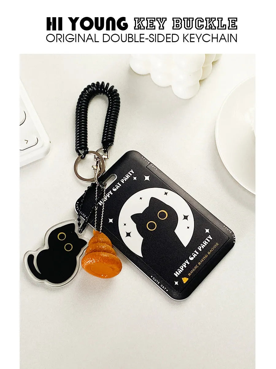 Little black cat cartoon design plastic card holder sleeve with metal split ring keychain.