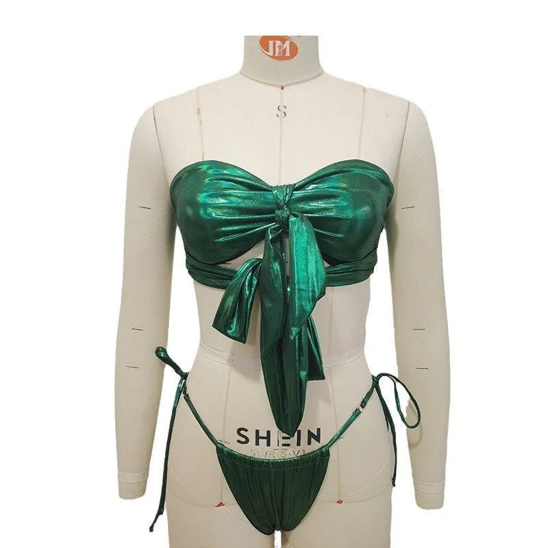 Women's lace-up front swimsuit with wireless padded cups and split briefs in a floral print