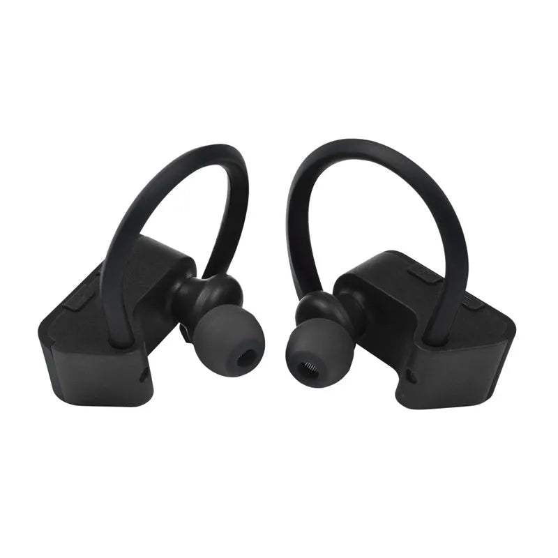 Black wireless V5.0 Bluetooth earphones with ergonomic silicone earpieces and charging case.