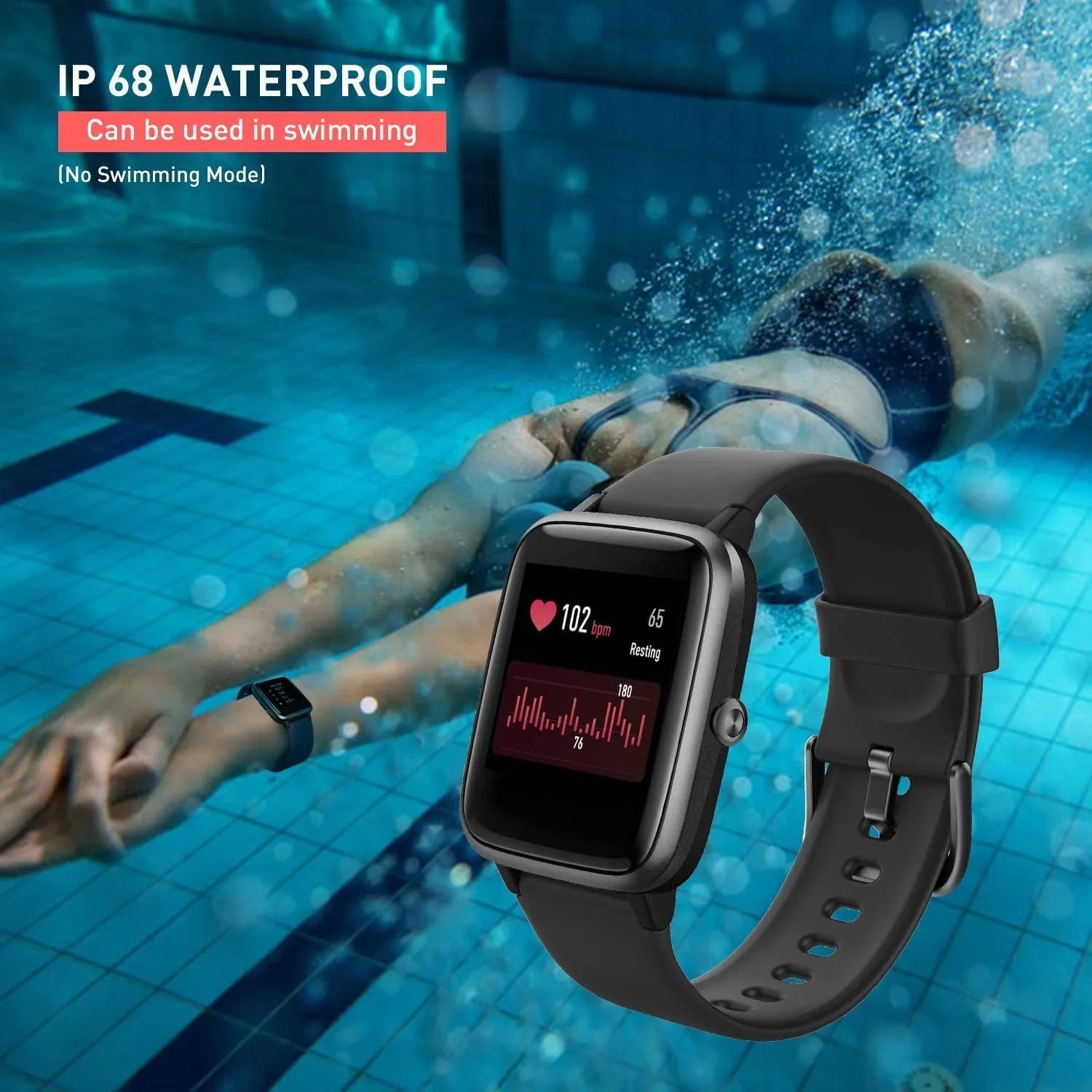 Smart multi-function bracelet in black with heart rate and sleep monitor, IP68 waterproof