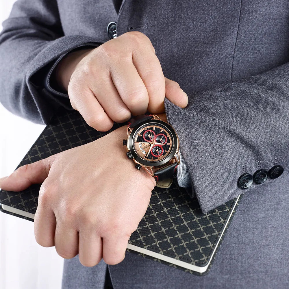 Men's black and brown waterproof luminous quartz watch with leather strap and alloy case.