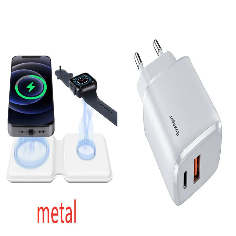 White foldable magnetic wireless charger dock with phone attached, showing angled stand mode.