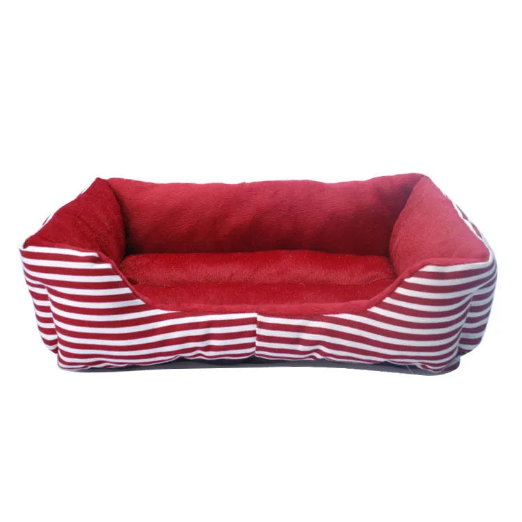 Canvas and Short Plush Retro Square Pet Nest - Luxurious Pet Sofa Bed with Monochrome Stripes - Blue and White or Red and White Options - French Vintage Style - Available in Small, Medium, and Large Sizes