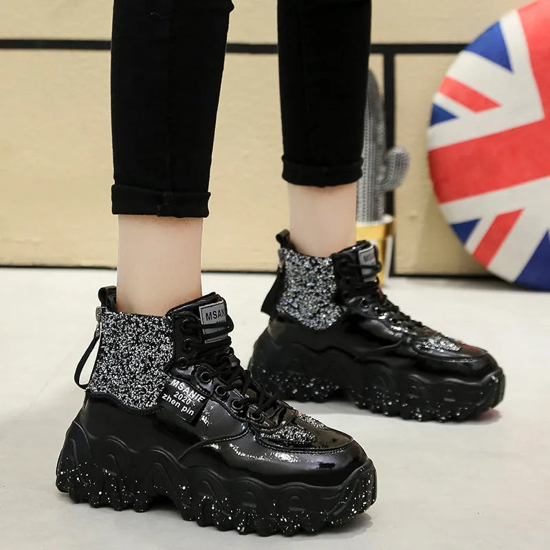 Big wavy snowflake daddy shoes with sequins, cross ties, rhinestones, sponge cake heel, waterproof platform, round toe, solid colour