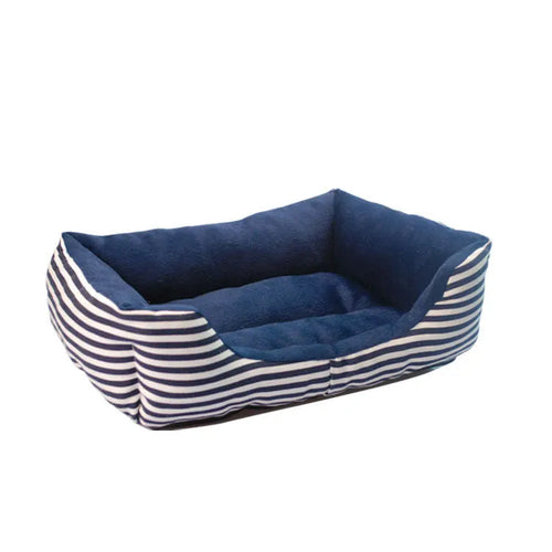 Canvas and Short Plush Retro Square Pet Nest - Luxurious Pet Sofa Bed with Monochrome Stripes - Blue and White or Red and White Options - French Vintage Style - Available in Small, Medium, and Large Sizes
