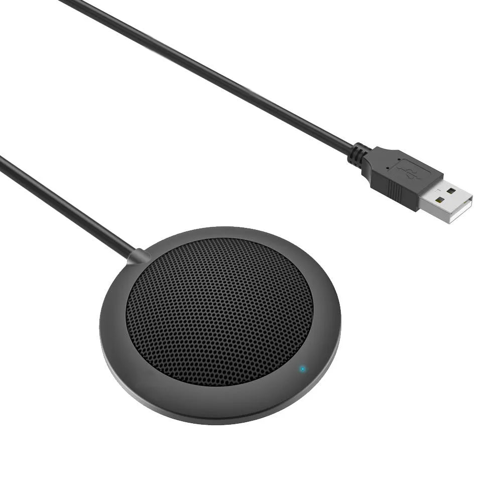 Black USB omnidirectional conference microphone with zinc alloy shell and metal mesh cover