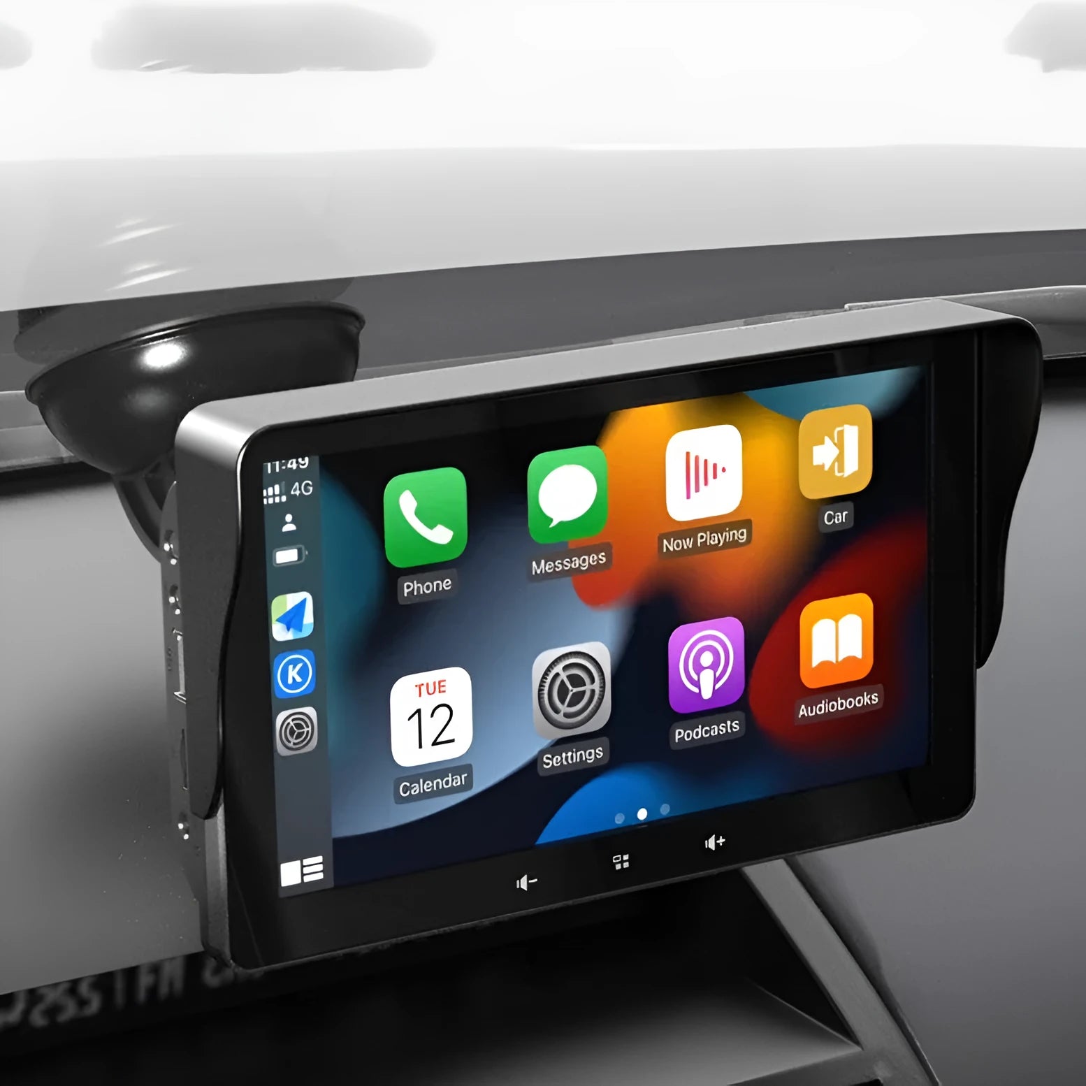 7-inch universal wireless CarPlay display screen with suction cup mount and cigarette lighter power cable.