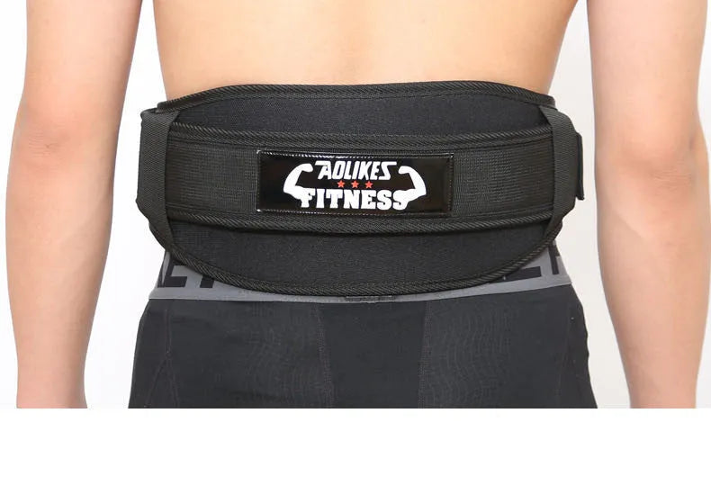 Black nylon fitness weightlifting waistband shown on adult size mannequin.