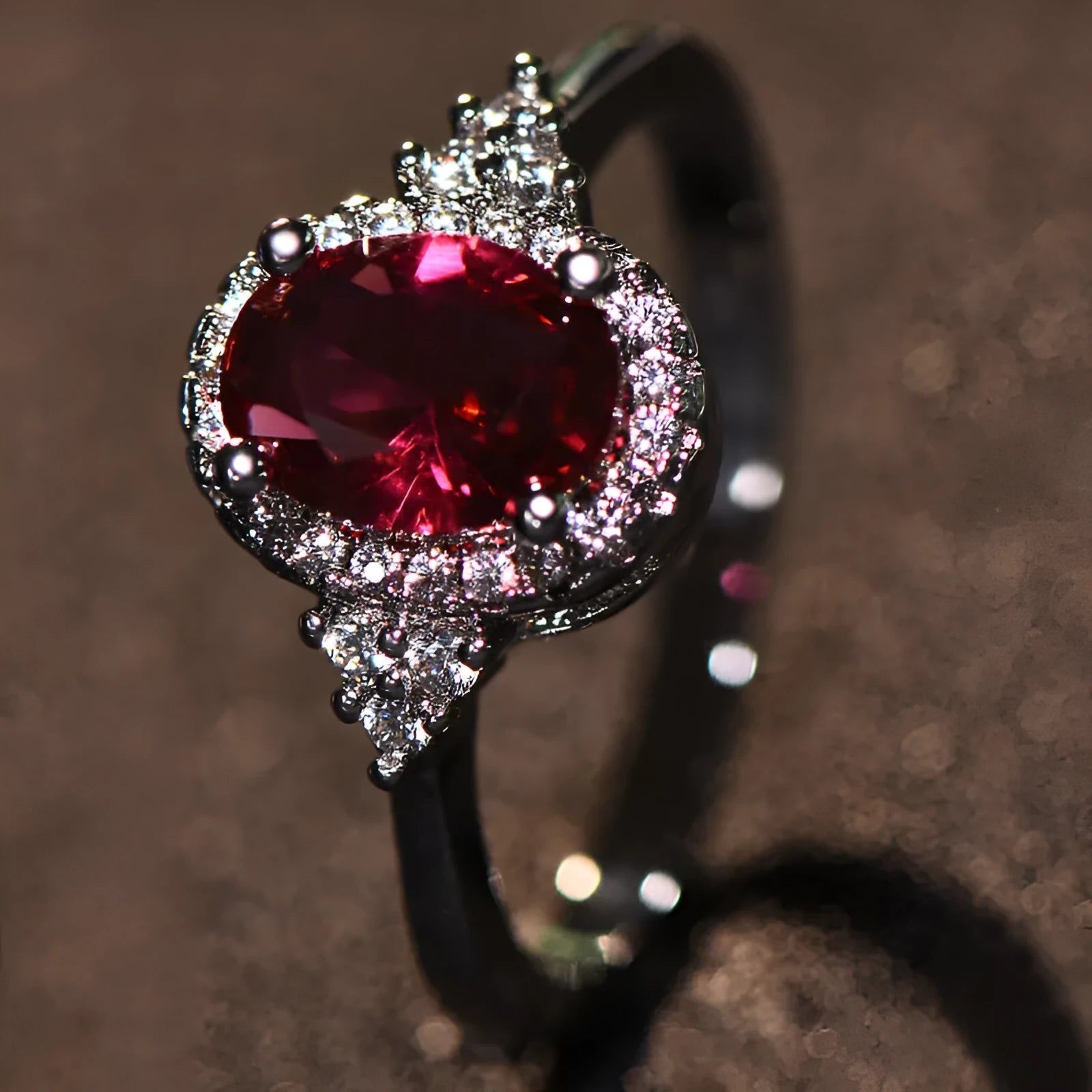 Oval ruby colour copper ring with adjustable open mouth design and white gold tone finish
