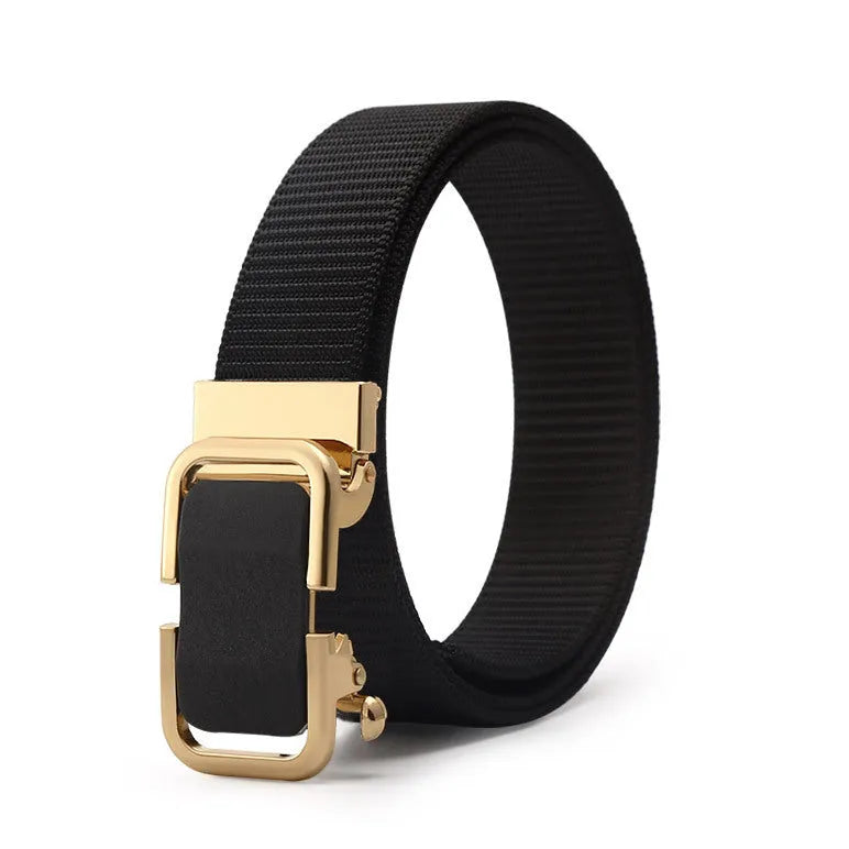 Men's toothless nylon canvas belt with alloy buckle showing adjustment mechanism
