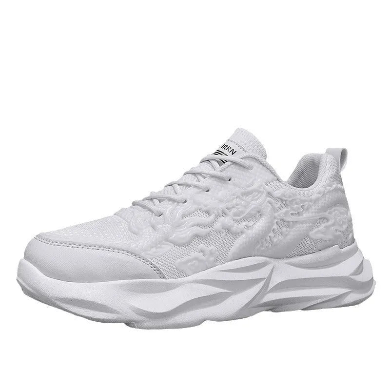 Fly knit casual sneakers with a dragon print on the side, showing the microfibre upper and rubber sole.