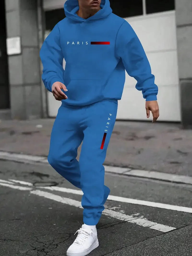 Men's printed hooded autumn tracksuit set with matching trousers in polyester fibre