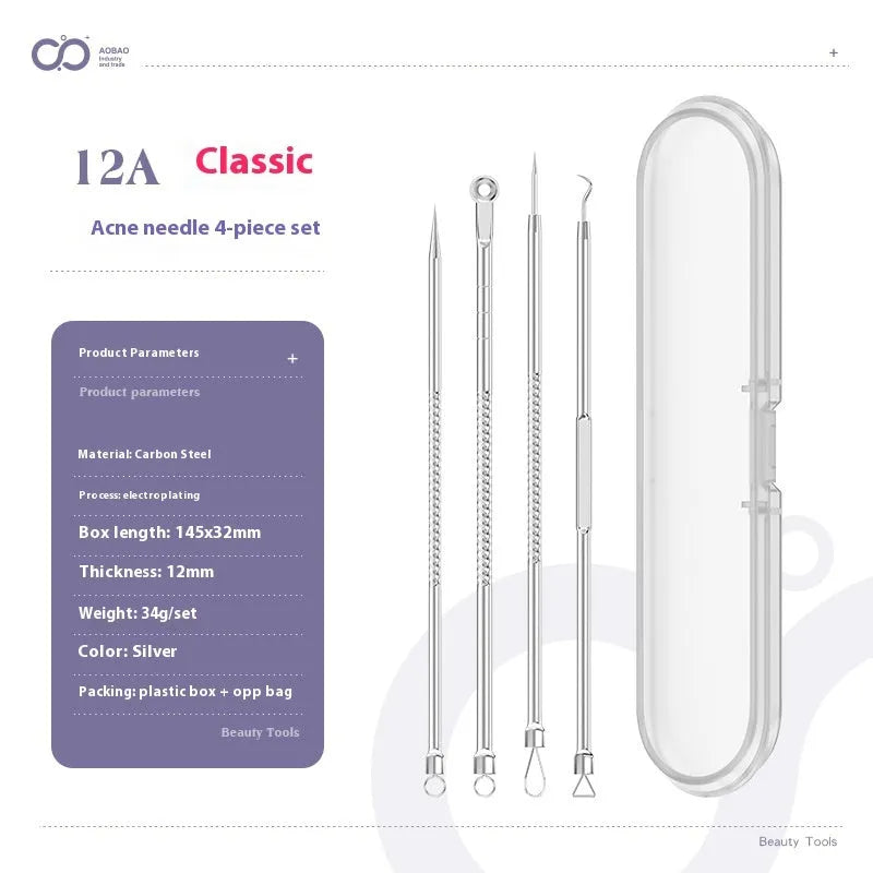 Four metal acne needles with ultra fine points, shown in assorted colours from a 33-option range.