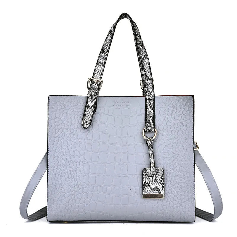 Women's diagonal cross body PU bag, 25x29x10cm stone tote in black with crocodile pattern
