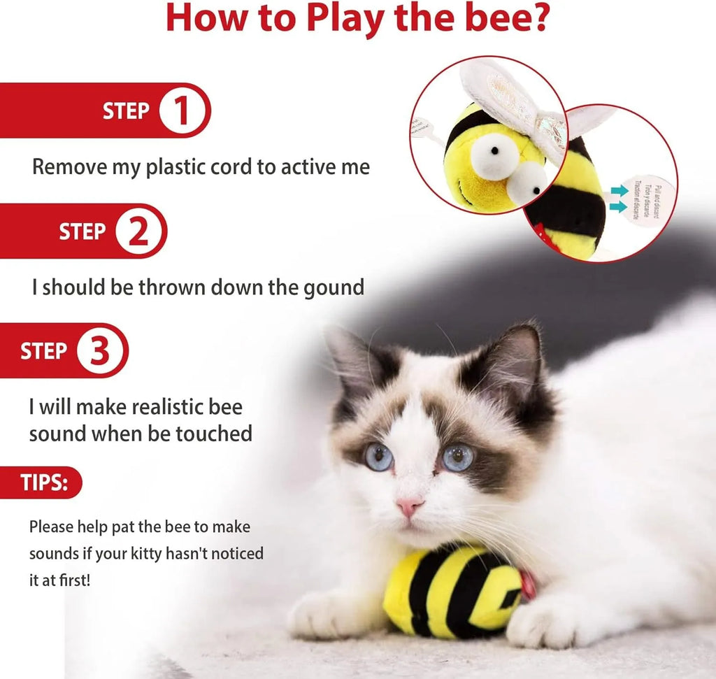 Yellow bee-shaped flannelette cat toy that chirps when touched, for indoor play.