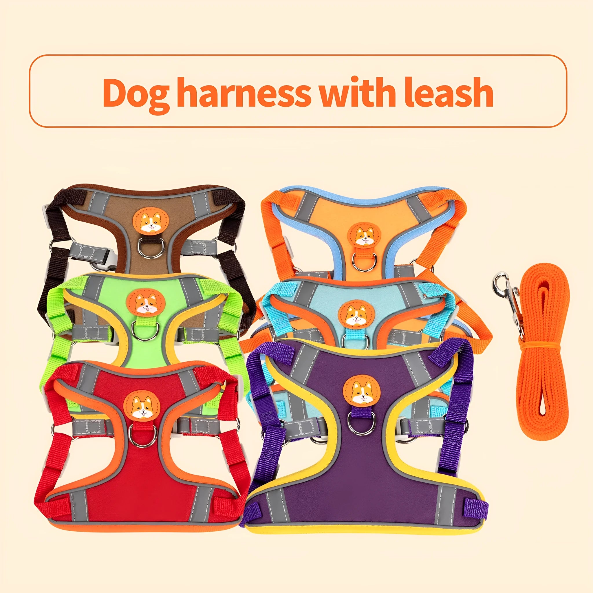 Adjustable dog harness with haulage rope in purple, blue, orange, red, brown, or green.