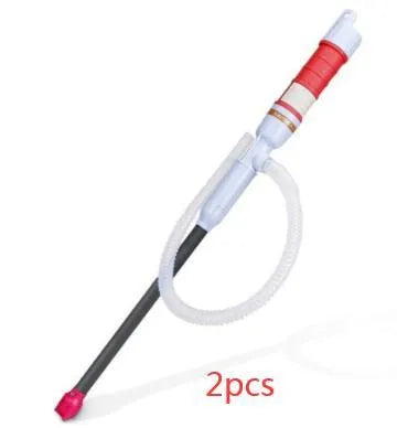 Blue manual hand siphon pump for transferring fuel and oil to small engines.
