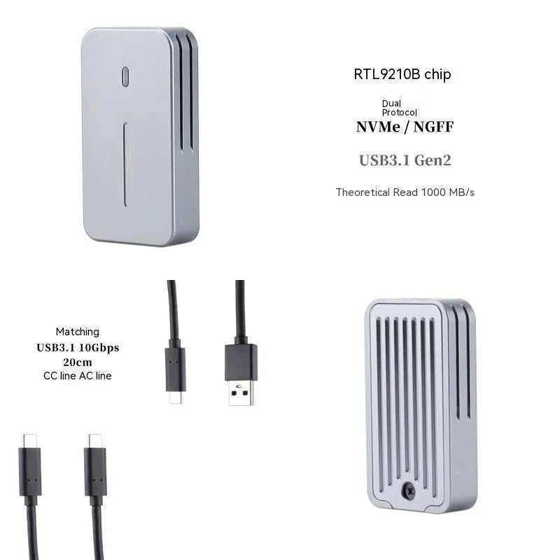 Compact aluminium alloy M.2 NVMe SSD external enclosure for 10Gbps data transfer.