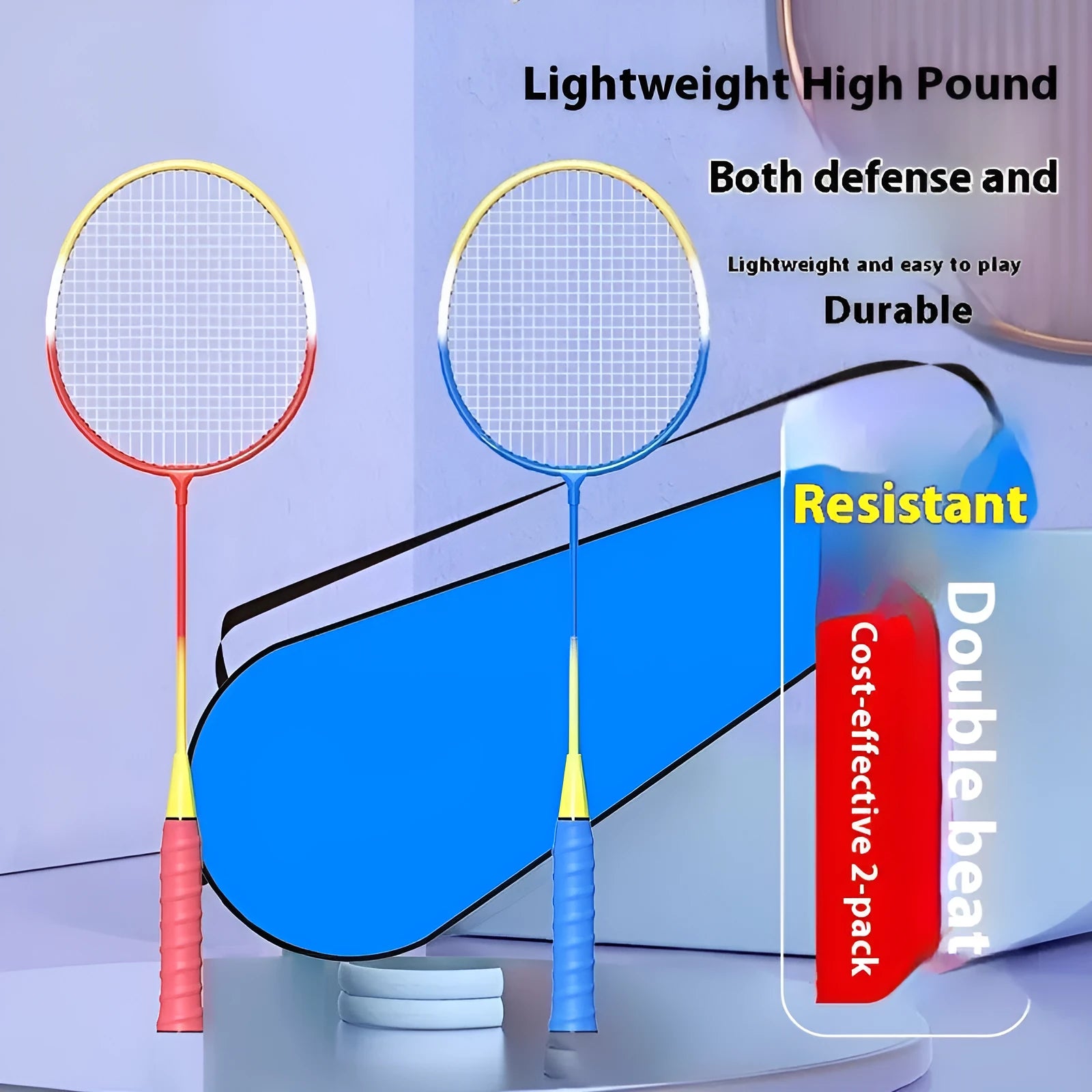 Blue and red split shaft badminton rackets separated and assembled on a neutral background