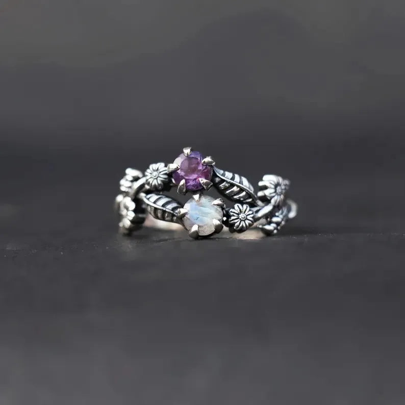Purple gemstone flower ring for women in silver zinc alloy, available in sizes 6 to 10