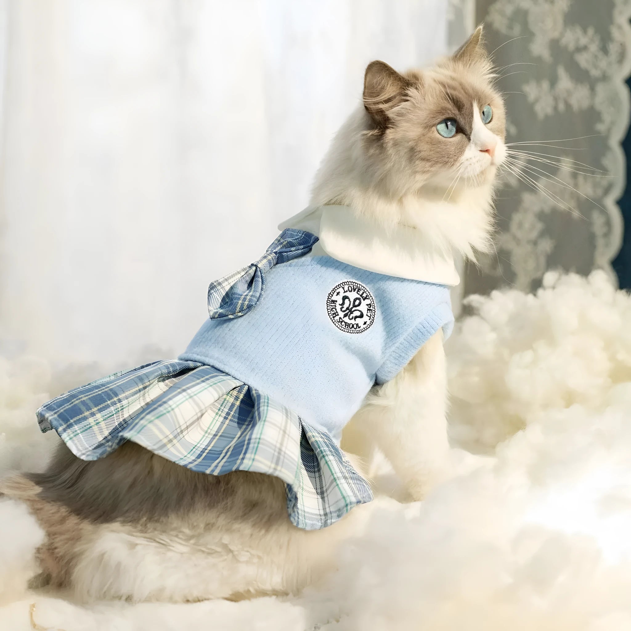 Blue tartan princess-style skirt for dogs and cats on a mannequin