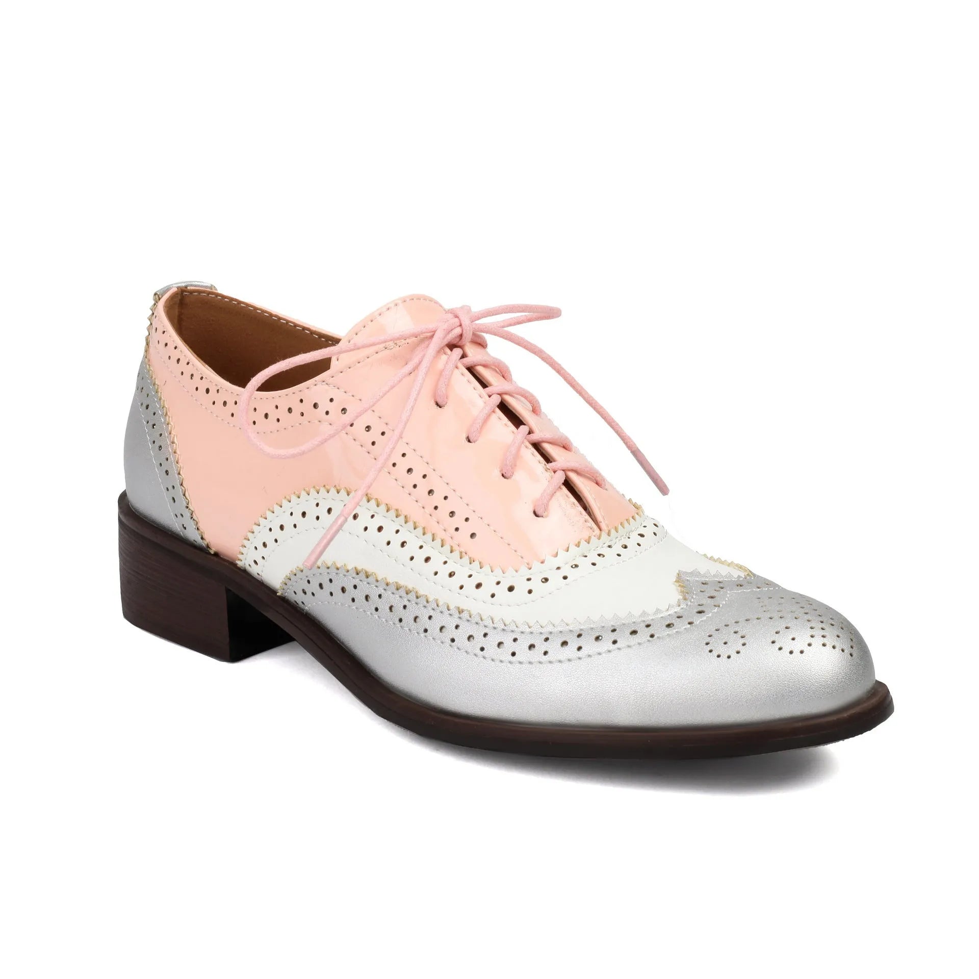 Retro British contrasting colour brogue high-cut lace-up shoes, round toe, low heel, sizes 35-39