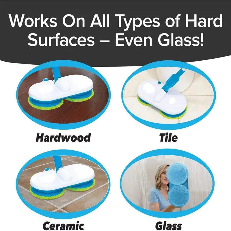 Handheld cordless electric floor cleaning mop with USB charging port and blue microfiber cloth attached.