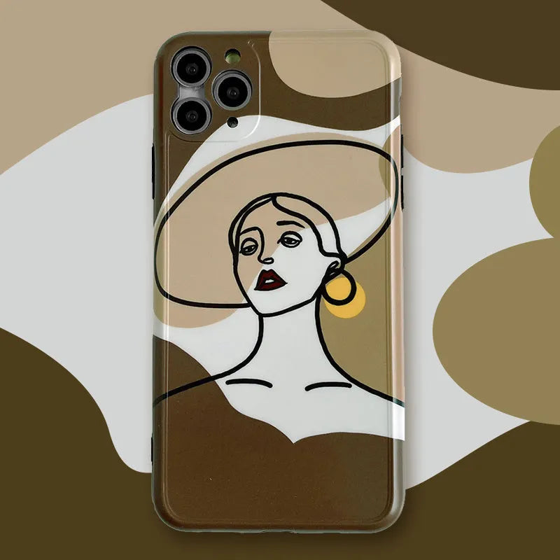 Orange yellow soft silicone iPhone case with cartoon line art graphic, shown fitted to an iPhone.