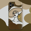 Orange yellow soft silicone iPhone case with cartoon line art graphic, shown fitted to an iPhone.