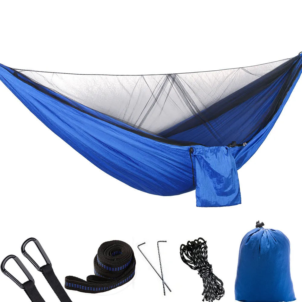 Anti-mosquito outdoor camping hammock in nylon, 290 x 140 cm, 200 kg capacity, outdoor setting