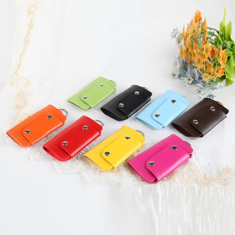 Colourful button closure PU leather key case in square vertical shape with soft plain finish
